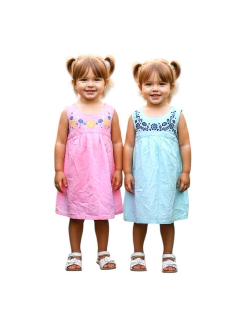 Lot Bundle of 2 Healthtex Size 2T Pink & Blue Sleeveless Embroidered Dresses